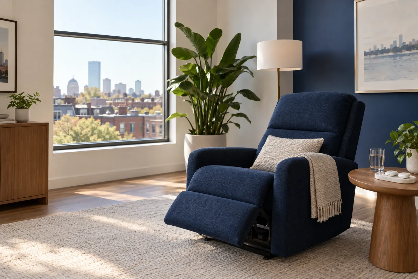 A navy reclining chair beside a window.