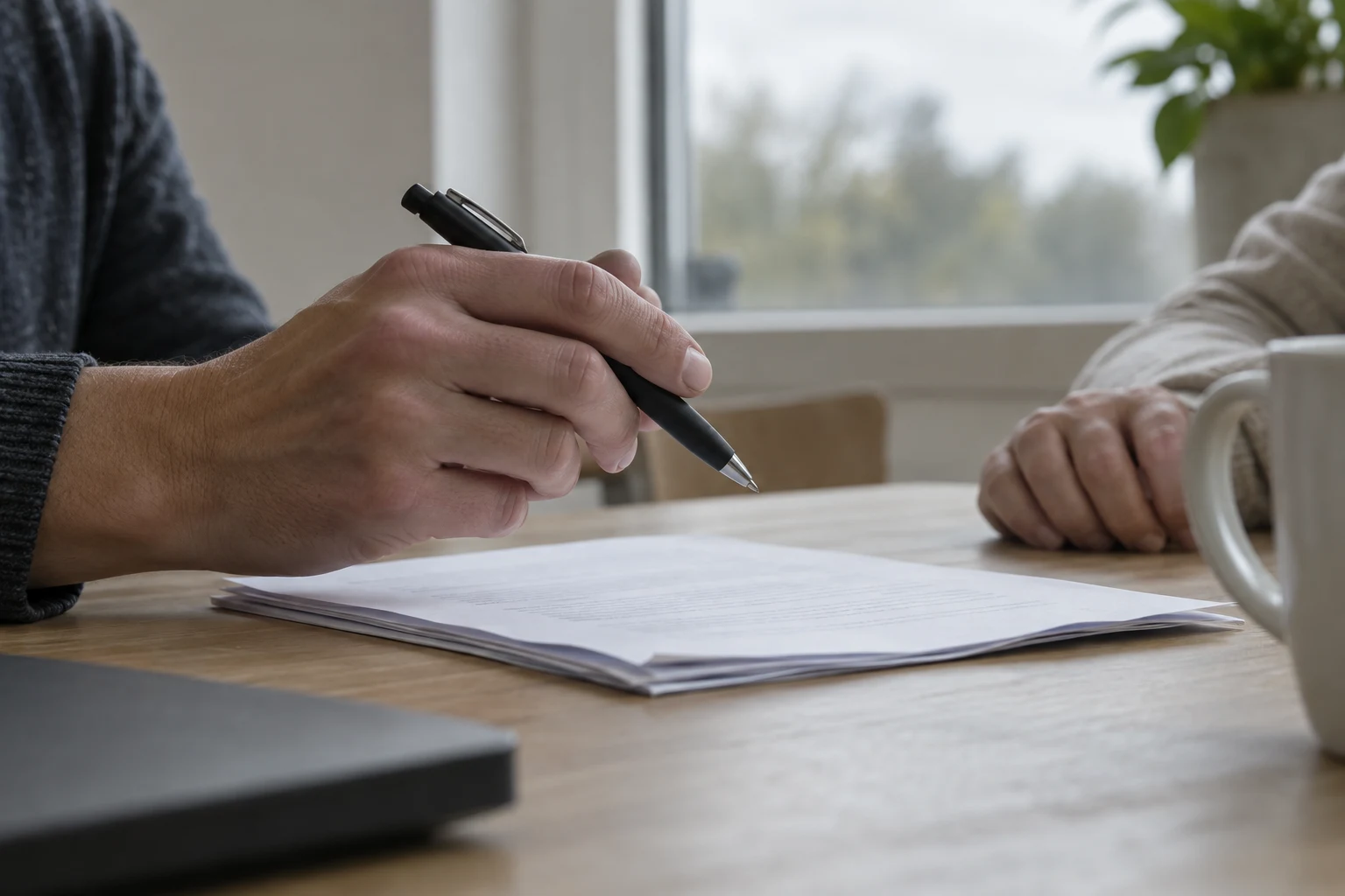 A person reviewing paperwork with a pen
